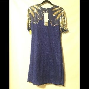 NWT Vintage Scala Beaded Sequin Dress Silver Blue